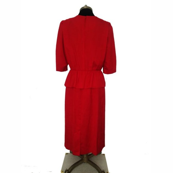 Vtg 80s Red Black White Peplum Dress 12 - Picture 6 of 7